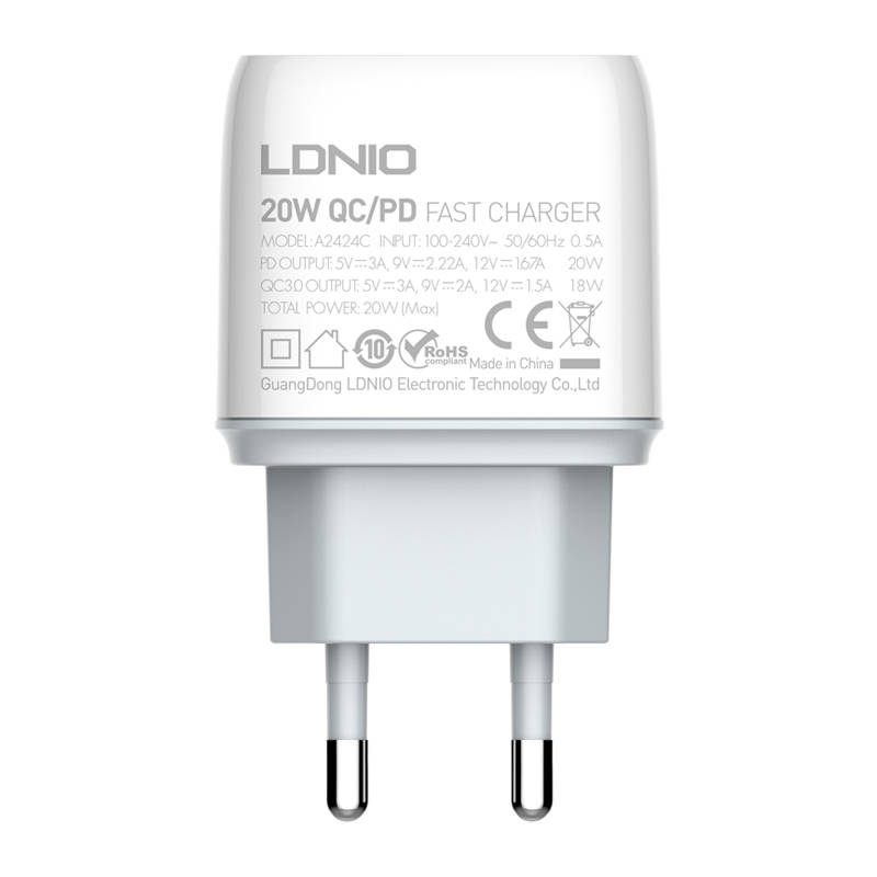 LDNIO A2424C USB, USB-C 20W mains charger + USB-C/Lightning cable