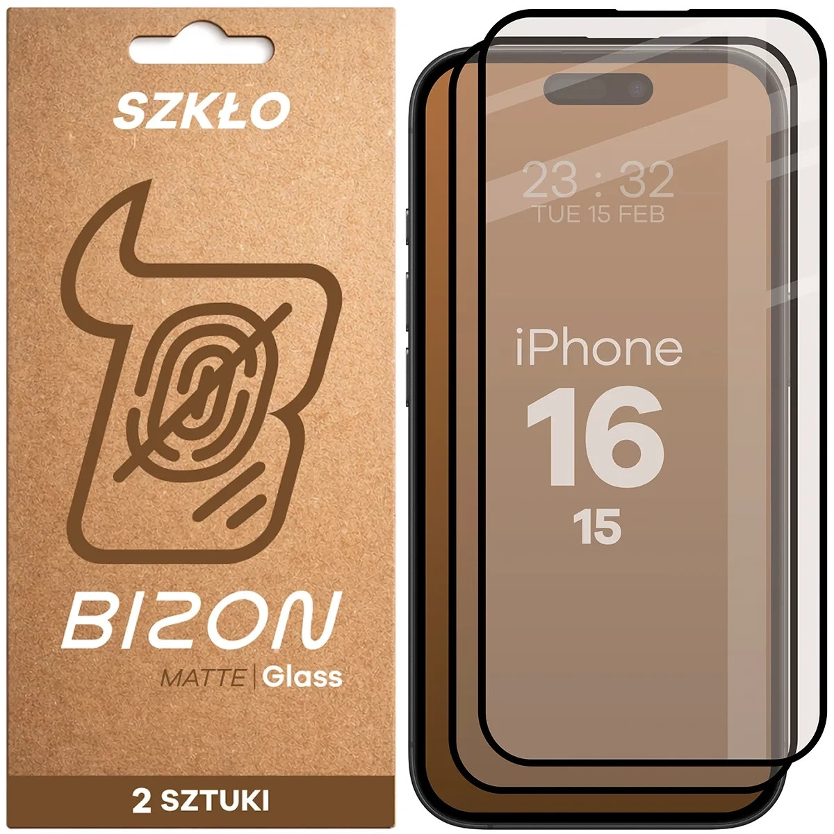 Matowe szkło hartowane Bizon Glass Matte Duo do Apple iPhone 15 / 16, czarna ramka [2 PACK]