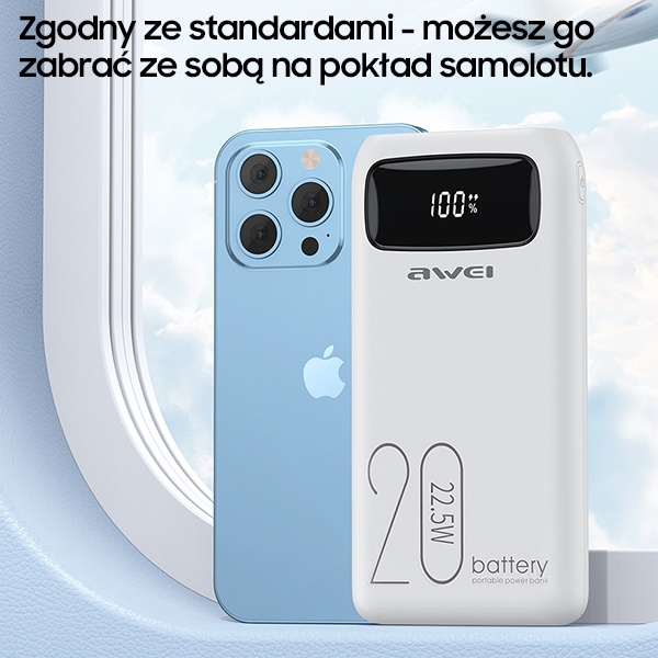 AWEI P169K Powerbank 20000mAh 22.5W black Display + PD/Lightning Cable