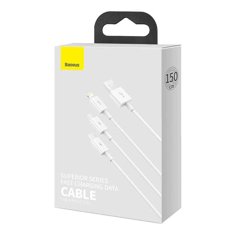Baseus Superior Data USB-A/microUSB - Lightning - USB-C Cable 3.5A 1m (White)