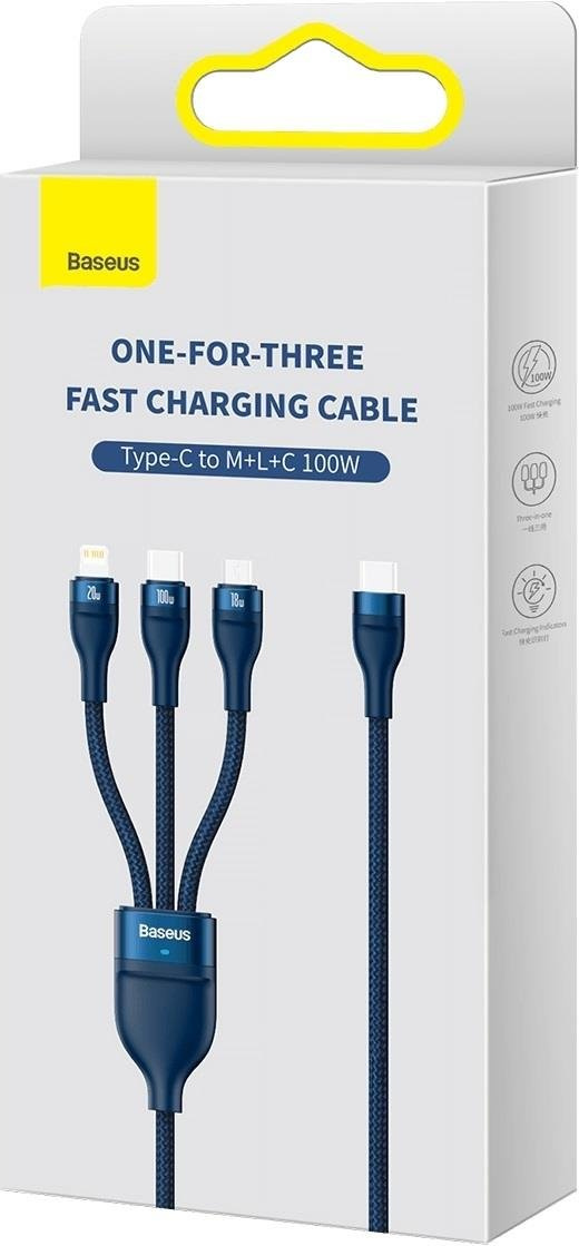 Baseus Flash Series II USB Type C / USB Type A cable - USB Type C / Lightning / micro USB 100 W 1.5 m blue