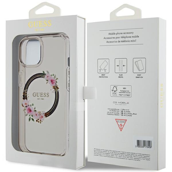 Guess GUHMP15SHFWFCK Apple iPhone 15 / 14 / 13 hardcase IML Flowers Wreatch MagSafe black