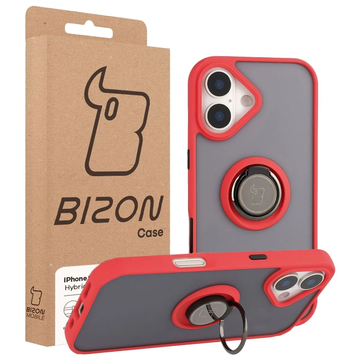 Etui z uchwytem na palec Bizon Case Hybrid Ring do Apple iPhone 17 przydymione z czerwoną ramką