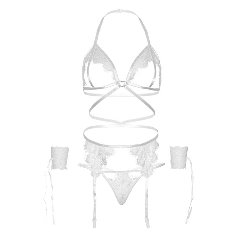 LEG AVENUE FOUR PIECES SET BRA, G-STRING, GARTER BELT & WRIST CUFFS ONE SIZE - WHITE