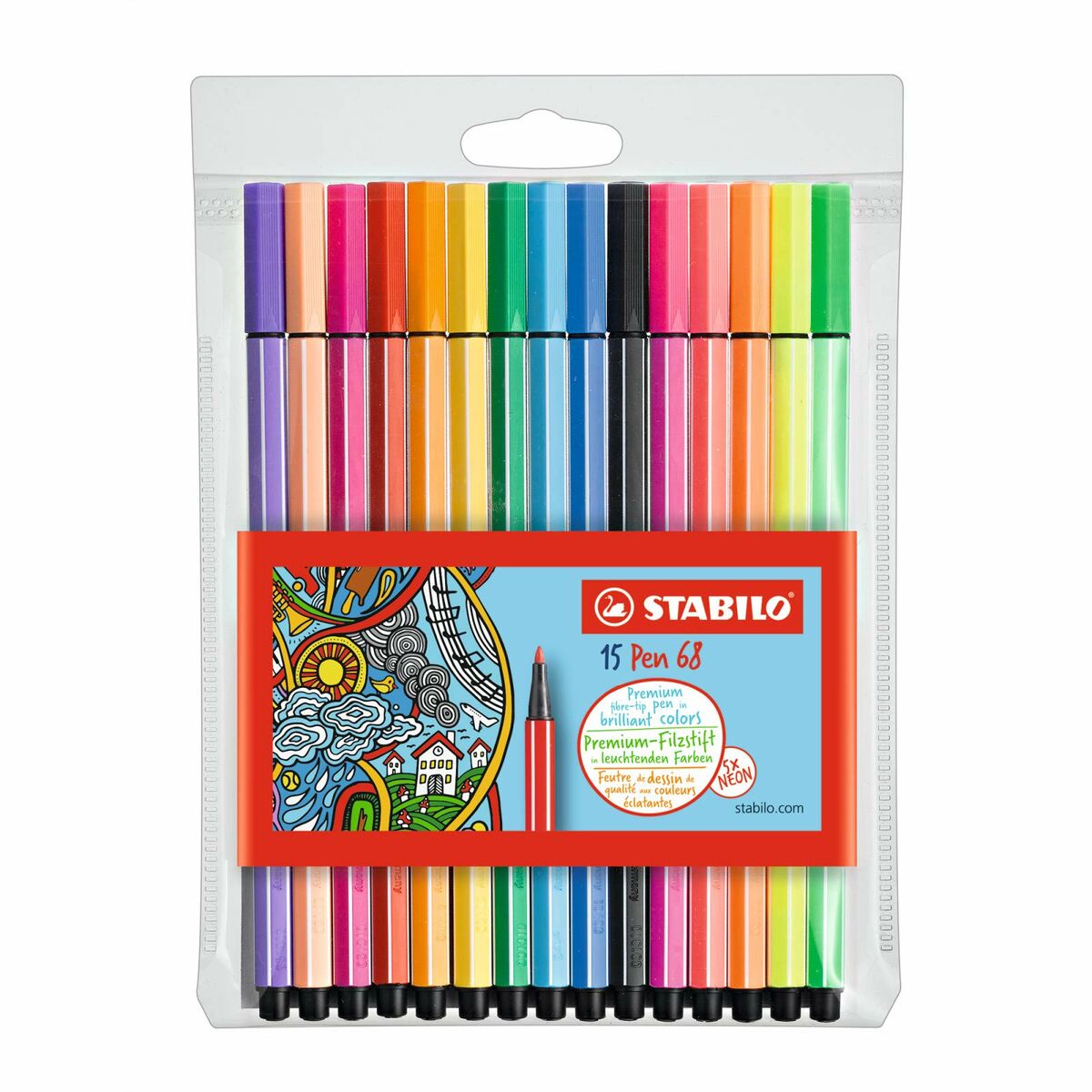 Set of Felt Tip Pens Stabilo Pen 68 Standard + Neon Multicolour 15 Pieces