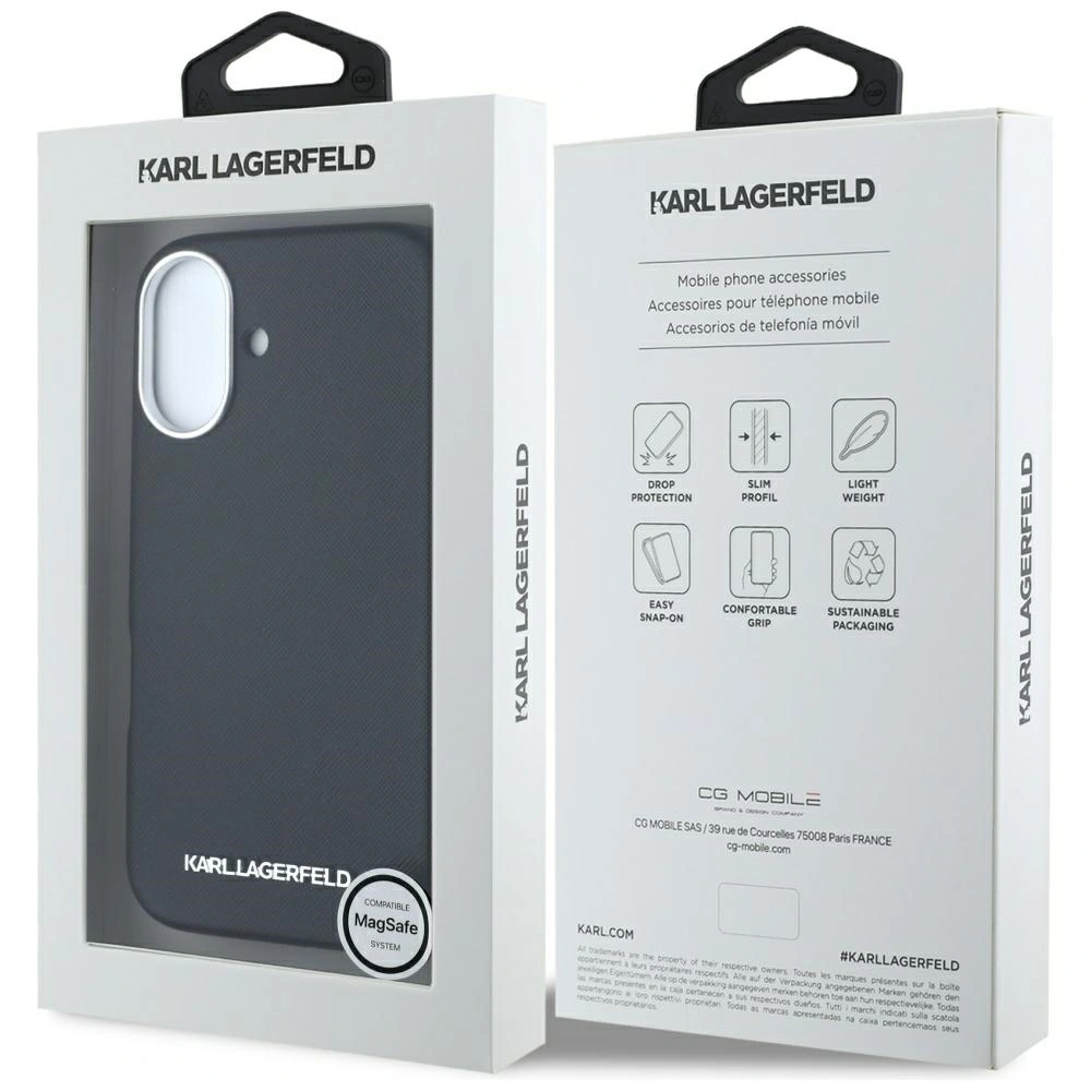 Karl Lagerfeld Saffiano Full Wrapped Elongated Metal Logo MagSafe Apple iPhone 16 black