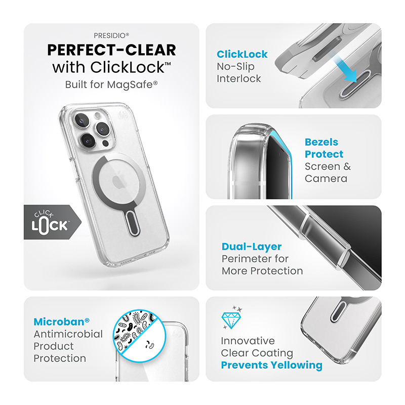 Speck Presidio Perfect-Clear ClickLock MagSafe Apple iPhone 15 Pro (Clear/Chrome Finish/Serene Silver)