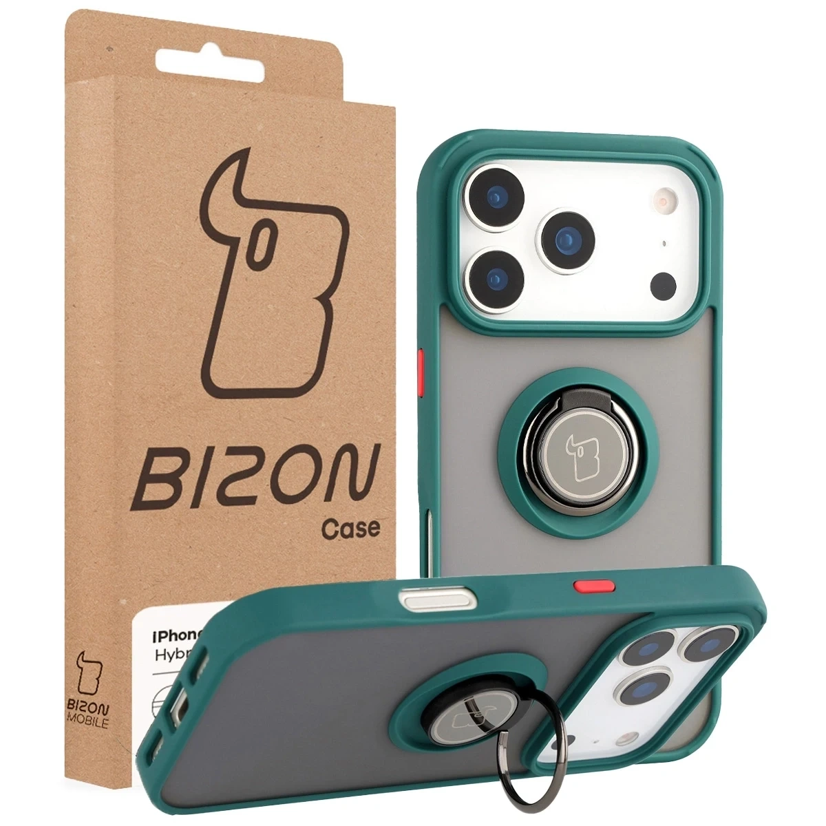 Etui z uchwytem na palec Bizon Case Hybrid Ring do Apple iPhone 17 Pro przydymione z ciemnozieloną ramką