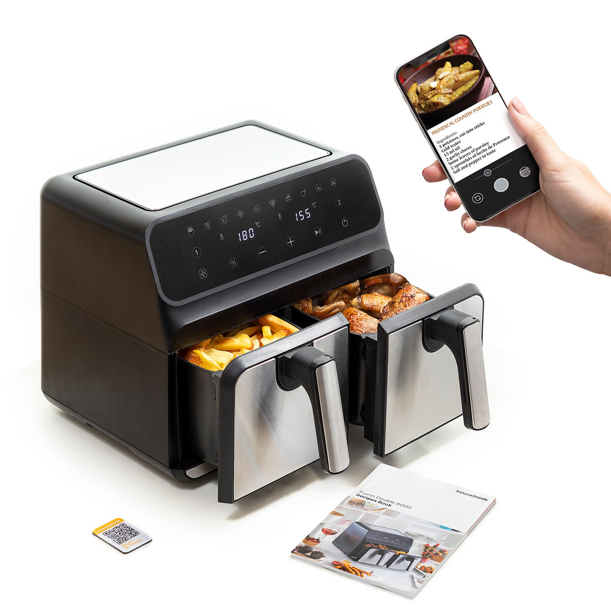 No-Oil Fryer InnovaGoods Fryinn Double 8000 Black Stainless steel 3400 W 8 L