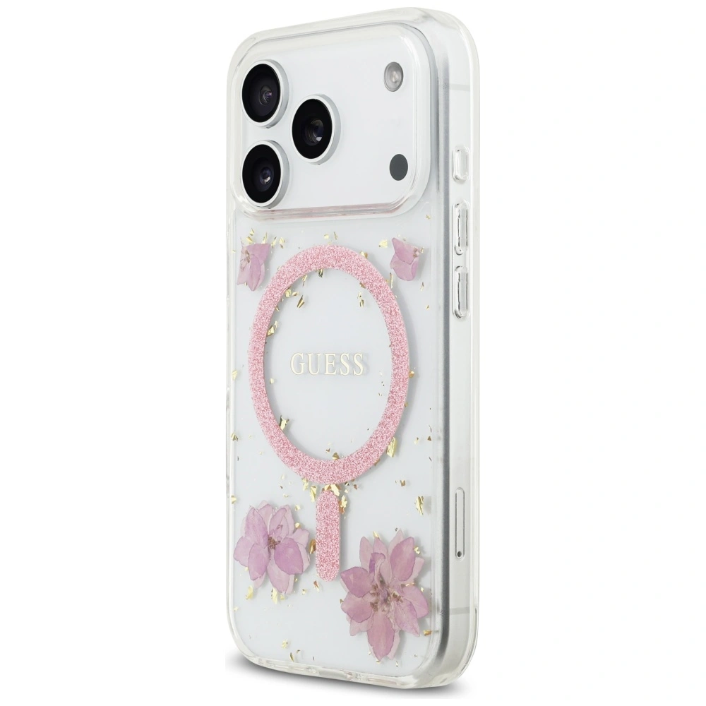 Etui Guess Resin Flowers Glitter MagSafe do Apple iPhone 17 Pro różowy