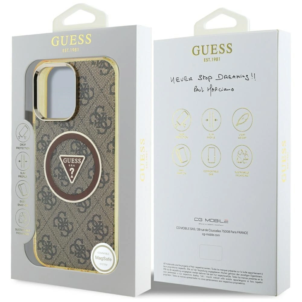 Etui Guess IML Metal Glitter 4G Circle Triangle MagSafe do Apple iPhone 16 Pro Max brązowy