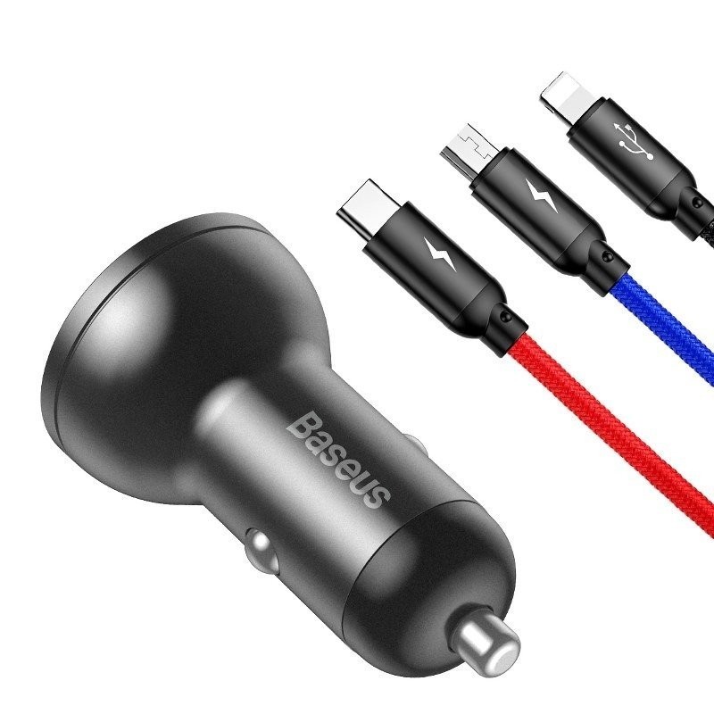 Baseus Digital Display Dual USB 4.8A Car Charger 24W with Three Primary Colors 3-in-1 Cable USB 1.2M Black Suit Grey
