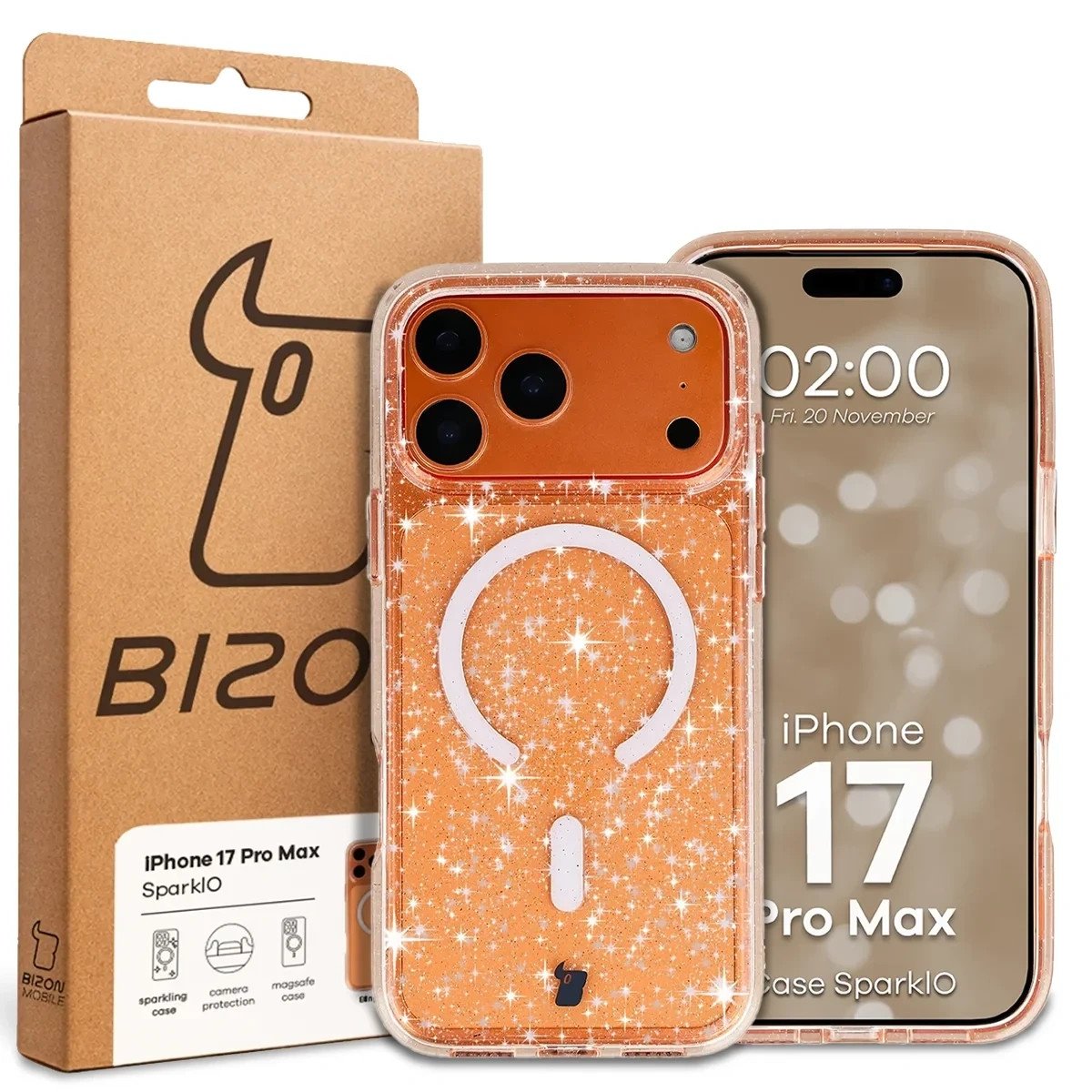 Etui brokatowe z pierścieniem magnetycznym Bizon Case SparklO do Apple iPhone 17 Pro Max, przezroczysto-jasnopomarańczowe z brokatem