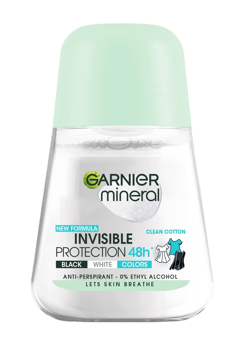Garnier Mineral Dezodorant roll-on Invisible Protection 48h Clean Cotton- Black,White,Colors   50ml