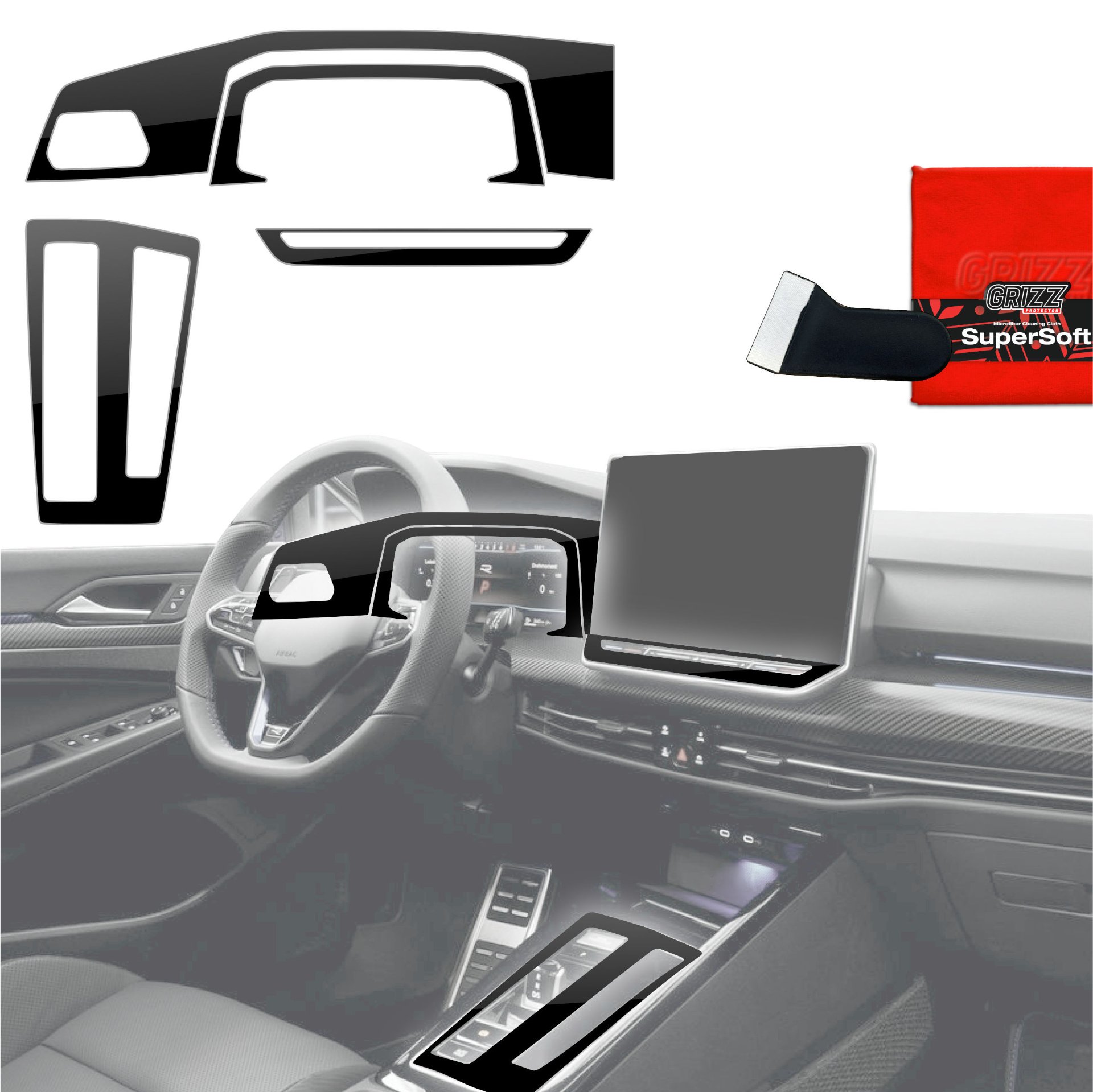 Folia do wnętrza GrizzGlass PianoSkin Black Glossy do Volkswagen Golf 8 (2024-2026) [4w1]