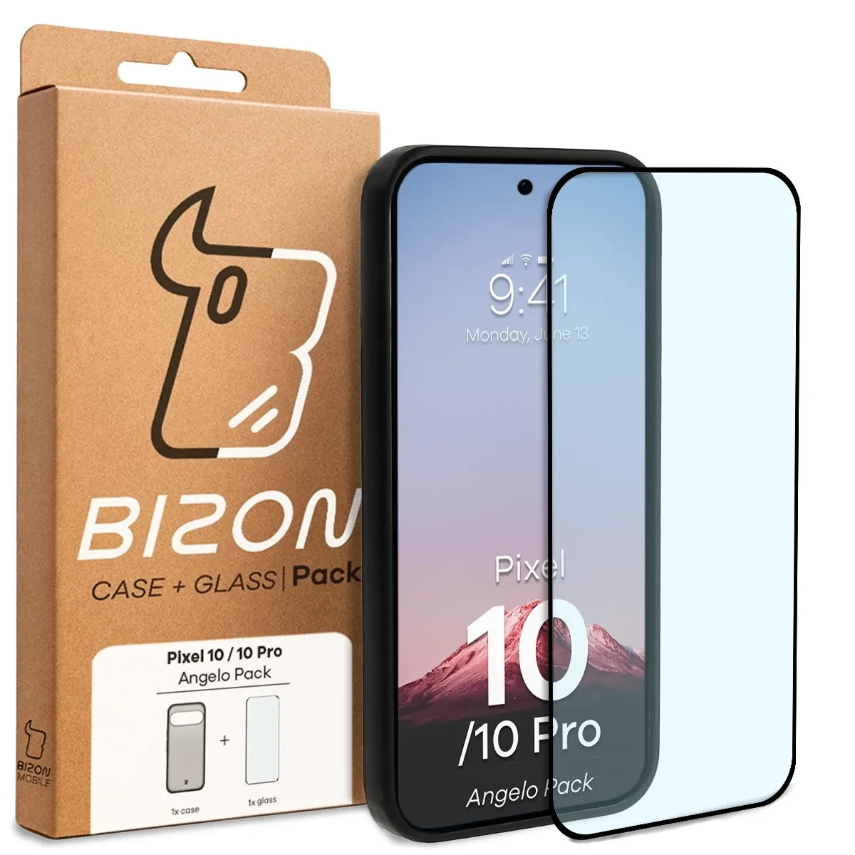 Etui + szkło hartowane Bizon Angelo Pack do Google Pixel 10 / 10 Pro, przydymione z czarną ramką