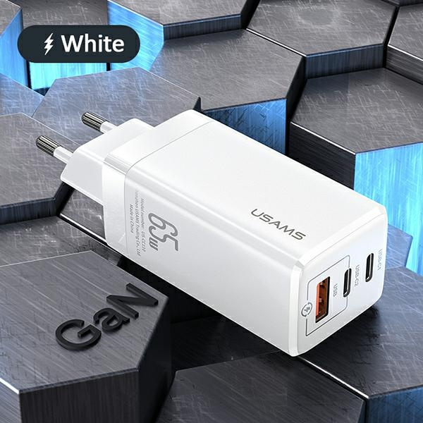 USAMS Wall Charger MT 2xUSB-C+USB GaN 65W T33 PD Fast Charging white CC110TC02 (US-CC110)