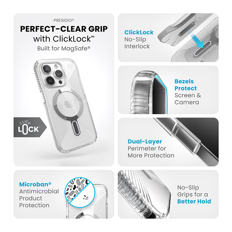 Speck Presidio Perfect-Clear Grip ClickLock MagSafe Apple iPhone 15 Pro (Clear/Chrome Finish/Serene Silver)