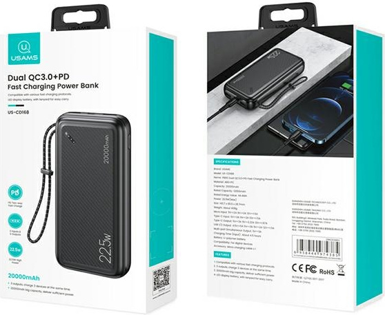 USAMS Powerbank PB60 20000mAh 22.5W 2xQC3.0+PD Fast Charge black 20KCD16801 (US-CD168)