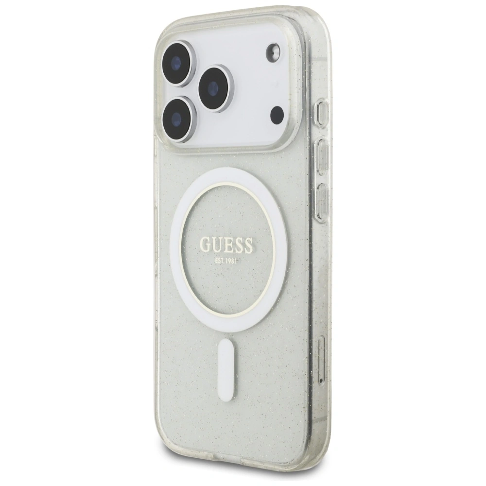 Etui Guess IML Glitter Pearl Strap MagSafe do Apple iPhone 17 Pro przezroczysty