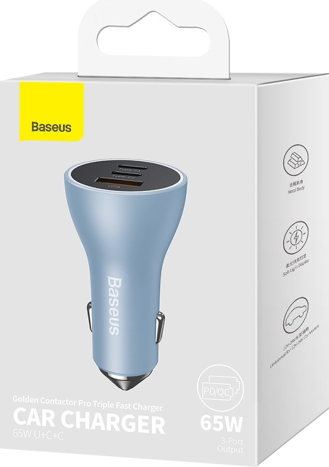 Baseus Golden Contactor Pro USB-A car charger + 2x USB-C 65W blue