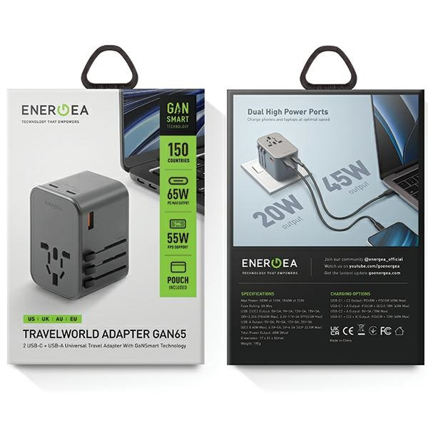 ENERGEA Travel World Adapter GaN65 4w1 US/UA/EU/UK USB-A, 2xUSB-C, PD65W, PPS55W, QC3.0 gunmetal 