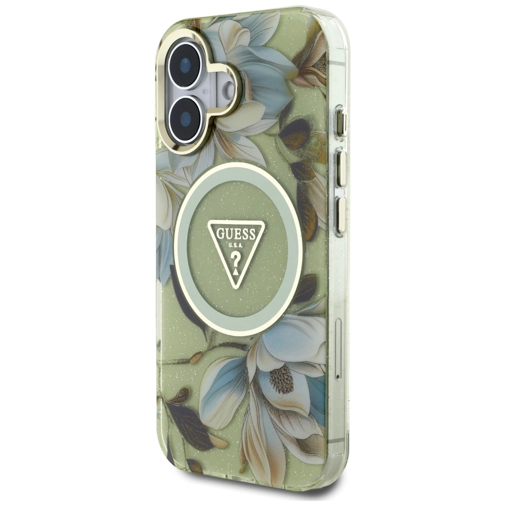 Guess Glitter Flowers Triangle Buttons MagSafe Apple iPhone 16 green