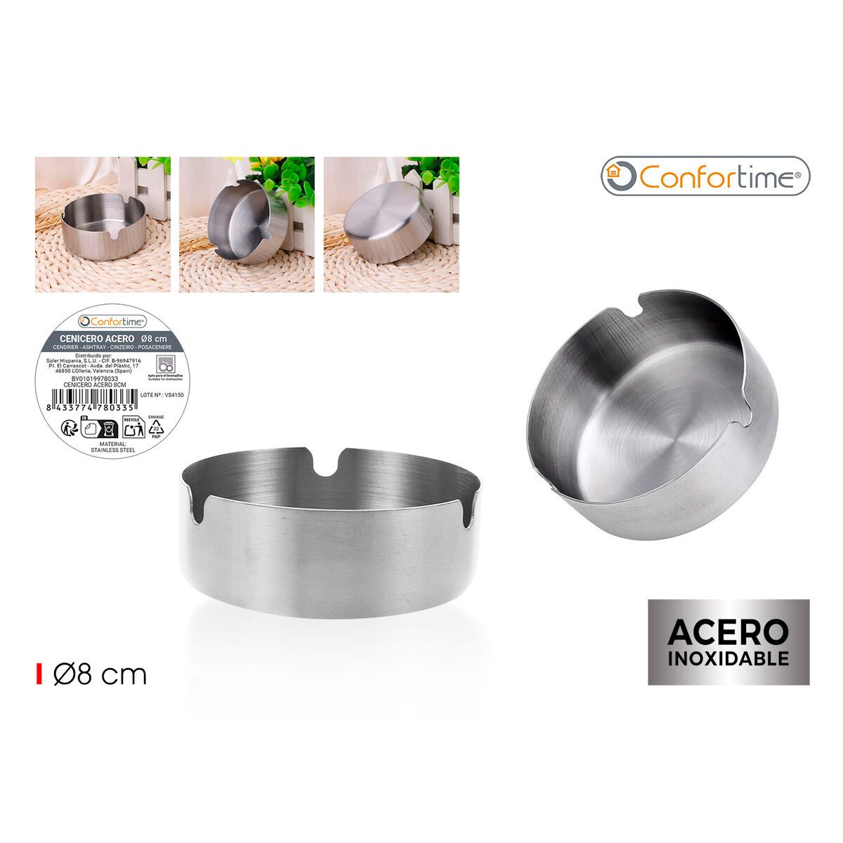 Ashtray Confortime Steel 8 cm (36 Units)