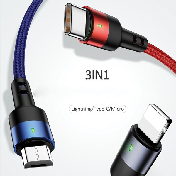 USAMS Nylon Cable U26 3in1 0.35m 2A Fast Charge (Lightning/microUSB/USB-C) SJ410USB01 (US-SJ410)