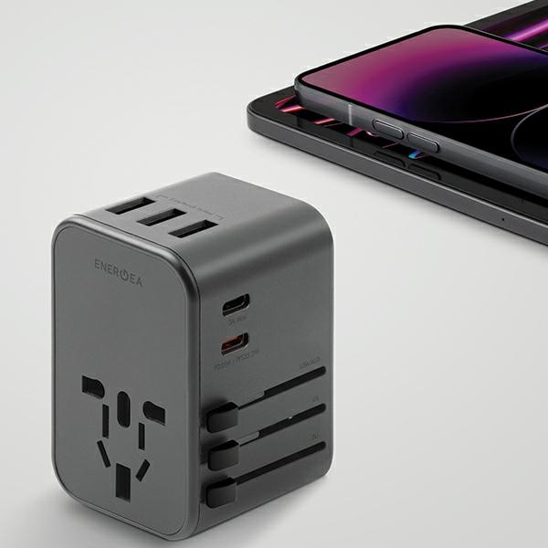 ENERGEA Travel World Adapter 4w1 US/UA/EU/UK 3xUSB-A, 2xUSB-C, PD35W, PPS35W, QC3.0 gunmetal