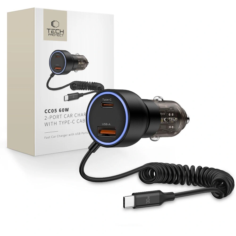 Tech-Protect CC05 2-port Car Charger USB-A, USB-C PD 60W + USB-C Cable Black