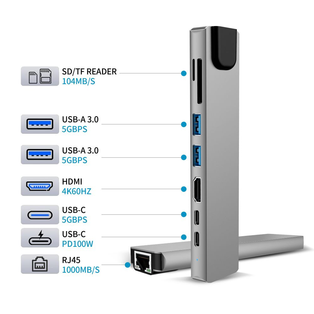 Adapter 8w1 Tech-Protect HB09 Hub Adapter 8in1 USB-C / 2xUSB-A 3.0, USB-C 3.0, USB-C PD 100W, HDMI 4K 60Hz, SD/TF, RJ45 1000Mb/s Space Grey