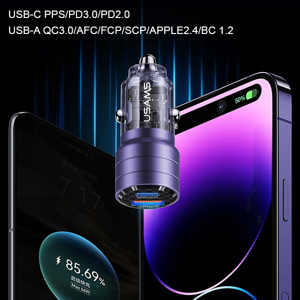 USAMS C36 Car Charger USB-A+USB-C 95W Fast Charge purple (US-CC176)