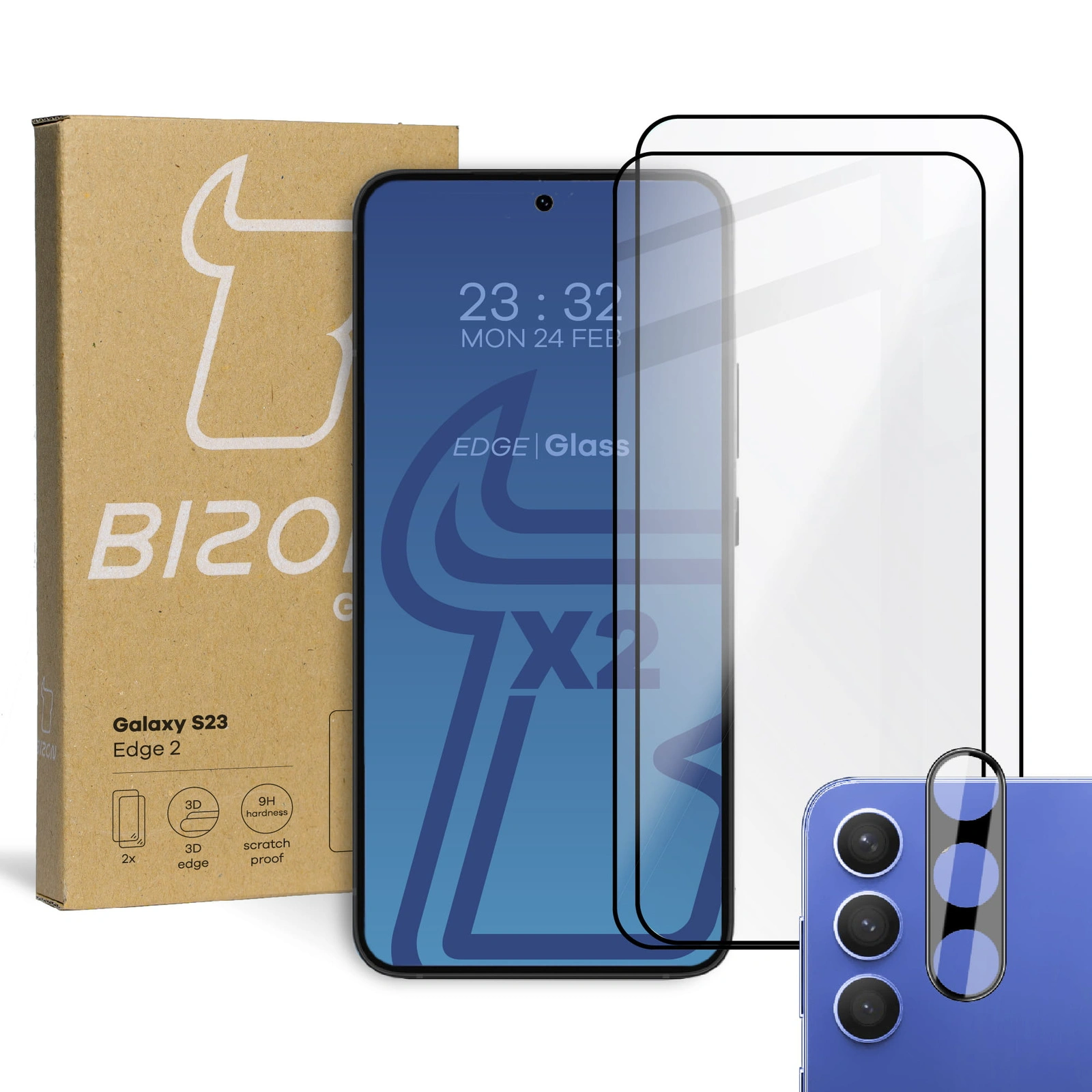 BIZON Edge 2 2x screen glass + camera glass Samsung Galaxy S23