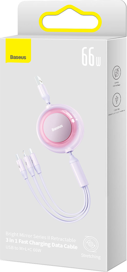 Baseus Bright Mirror 2 retractable cable 3in1 USB Type A - micro USB + Lightning + USB Type C 66W 1.1m purple