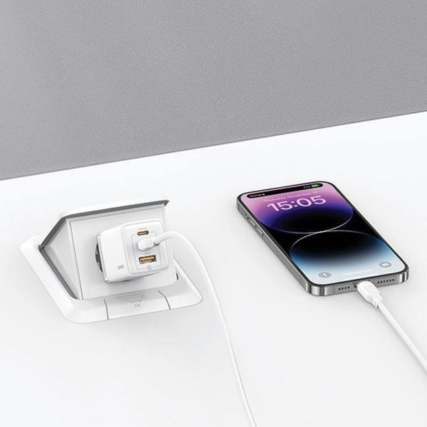 USAMS CC180TC02 wall charger 2xUSB-C+1xUSB-A 65W GaN PD+QC Fast Charging white Sandru Series