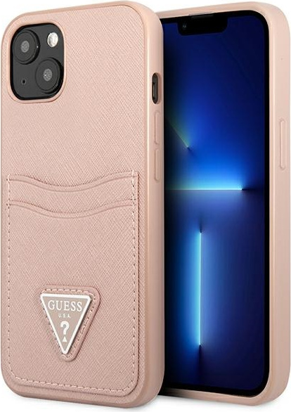 Guess GUHCP13SPSATPP Apple iPhone 13 mini pink hardcase SaffianoTriangle Logo Cardslot