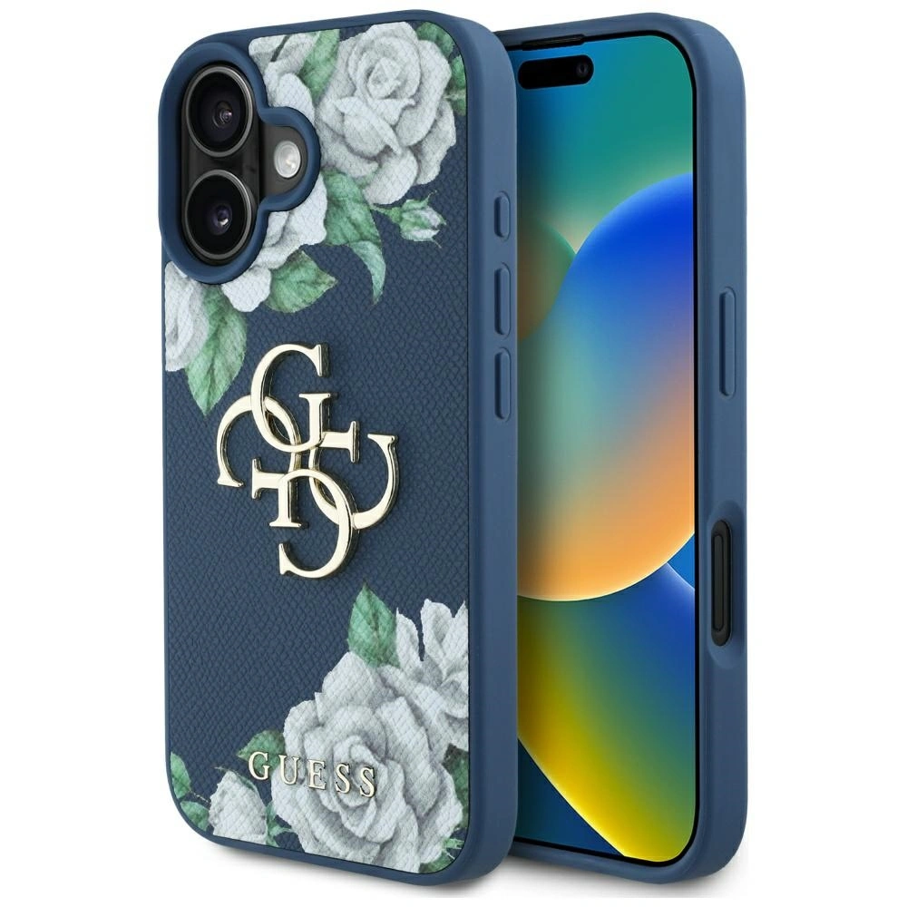 Etui Guess Grained Roses Big 4G logo do Apple iPhone 16 niebieski
