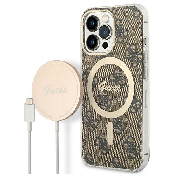 Guess GUBPP13LH4EACSW Case + Wireless Charger Apple iPhone 13 Pro brown hard case 4G Print MagSafe