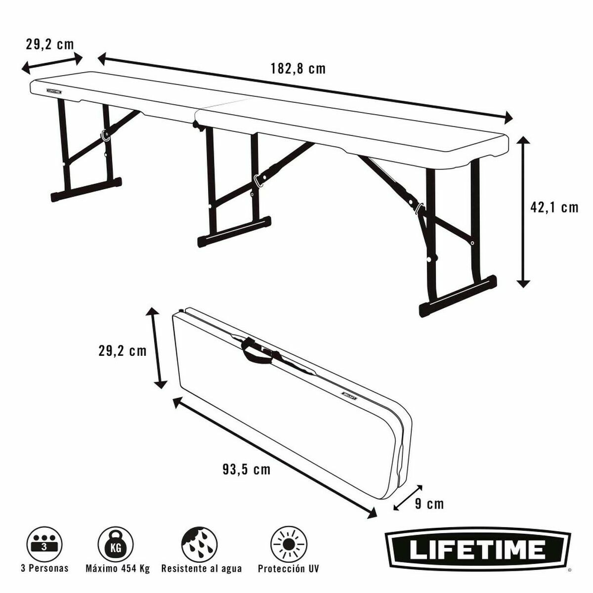 Bench Lifetime Foldable White 183 x 29 x 42 cm