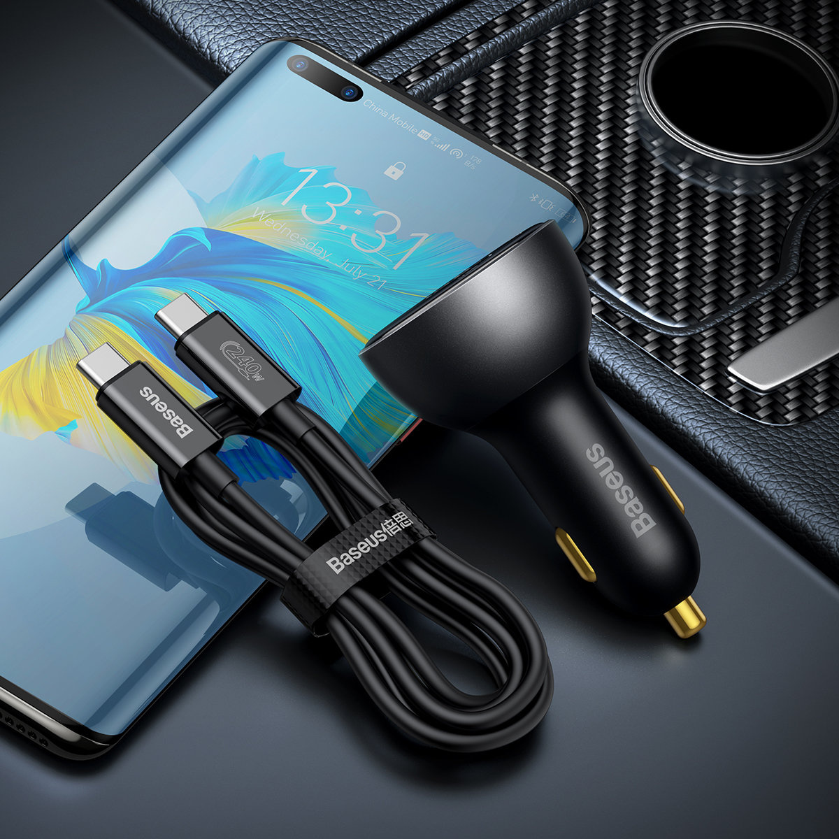 Baseus Digital Display Car Charger USB-A/USB-C PD 3.1 140W + USB-C 5A 240W cable 1m black