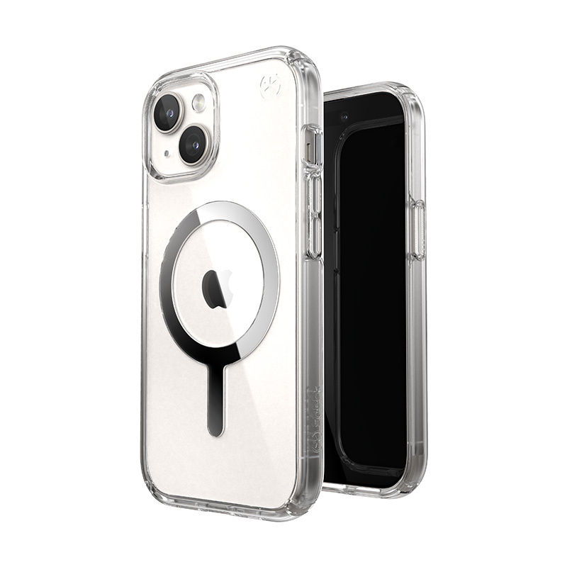 Speck Presidio Perfect-Clear MagSafe Apple iPhone 15 (Clear/Chrome Finish/Serene Silver)