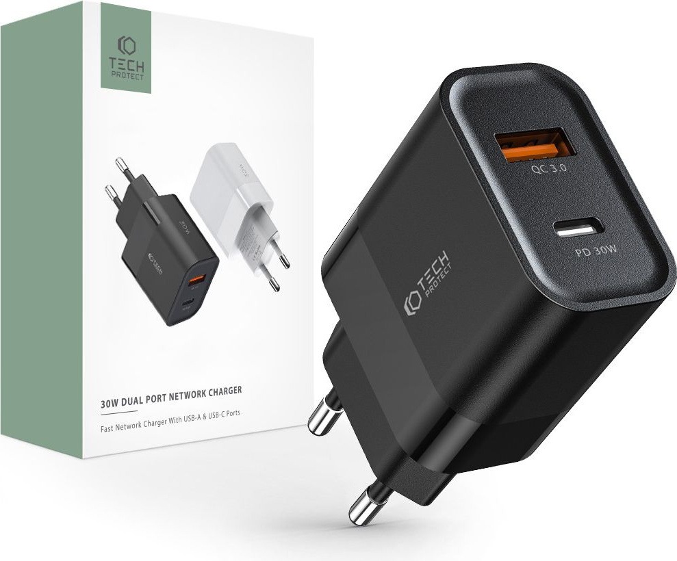 Tech-Protect C30W 2-port Network Charger PD 30W QC 3.0 Black