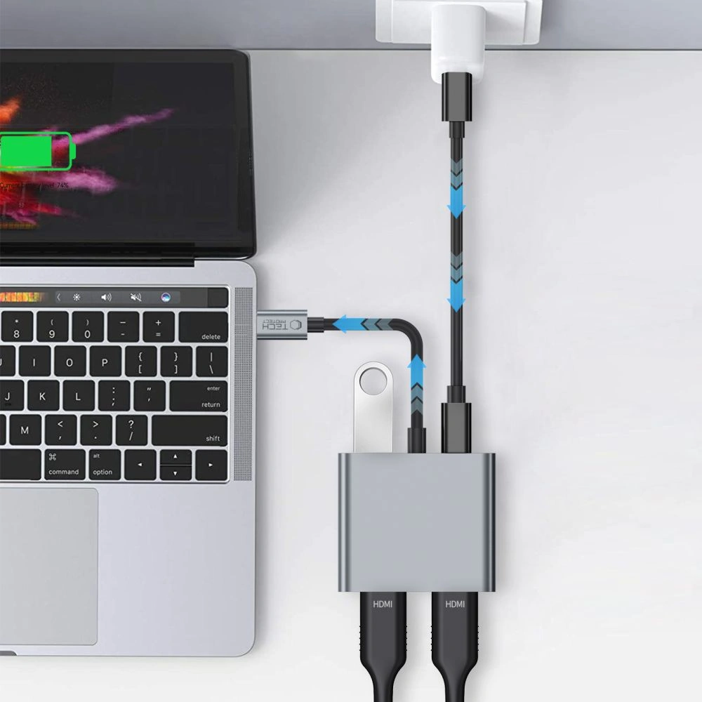 Adapter Tech-Protect HB08 HUB 4in1 USB-C, USB-A 2.0, 2xHDMI 4K 60Hz Space Grey