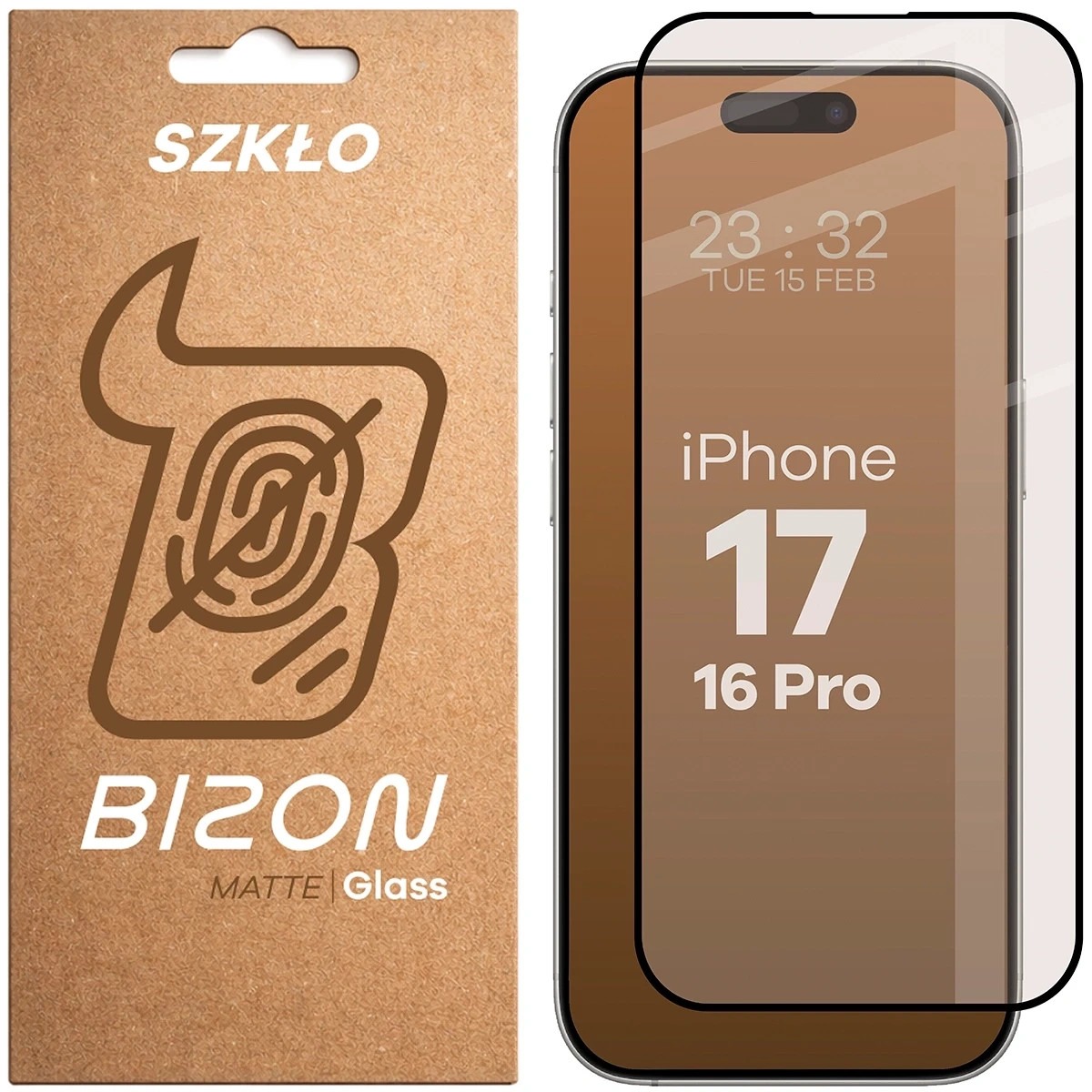 Matowe szkło hartowane Bizon Glass Matte do Apple iPhone 16 Pro / 17, czarna ramka