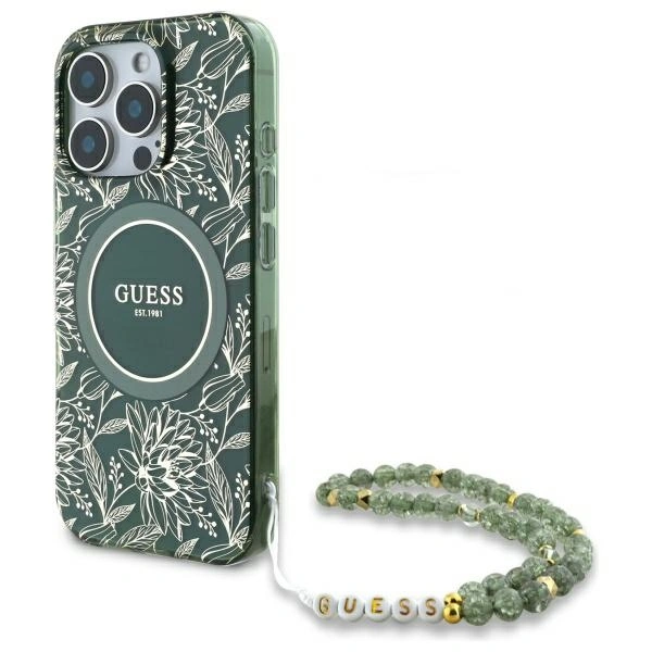 Guess GUHMP16XHCPOFPA Apple iPhone 16 Pro Max hardcase IML Flowers Allover Electro With Pearl Strap MagSafe green