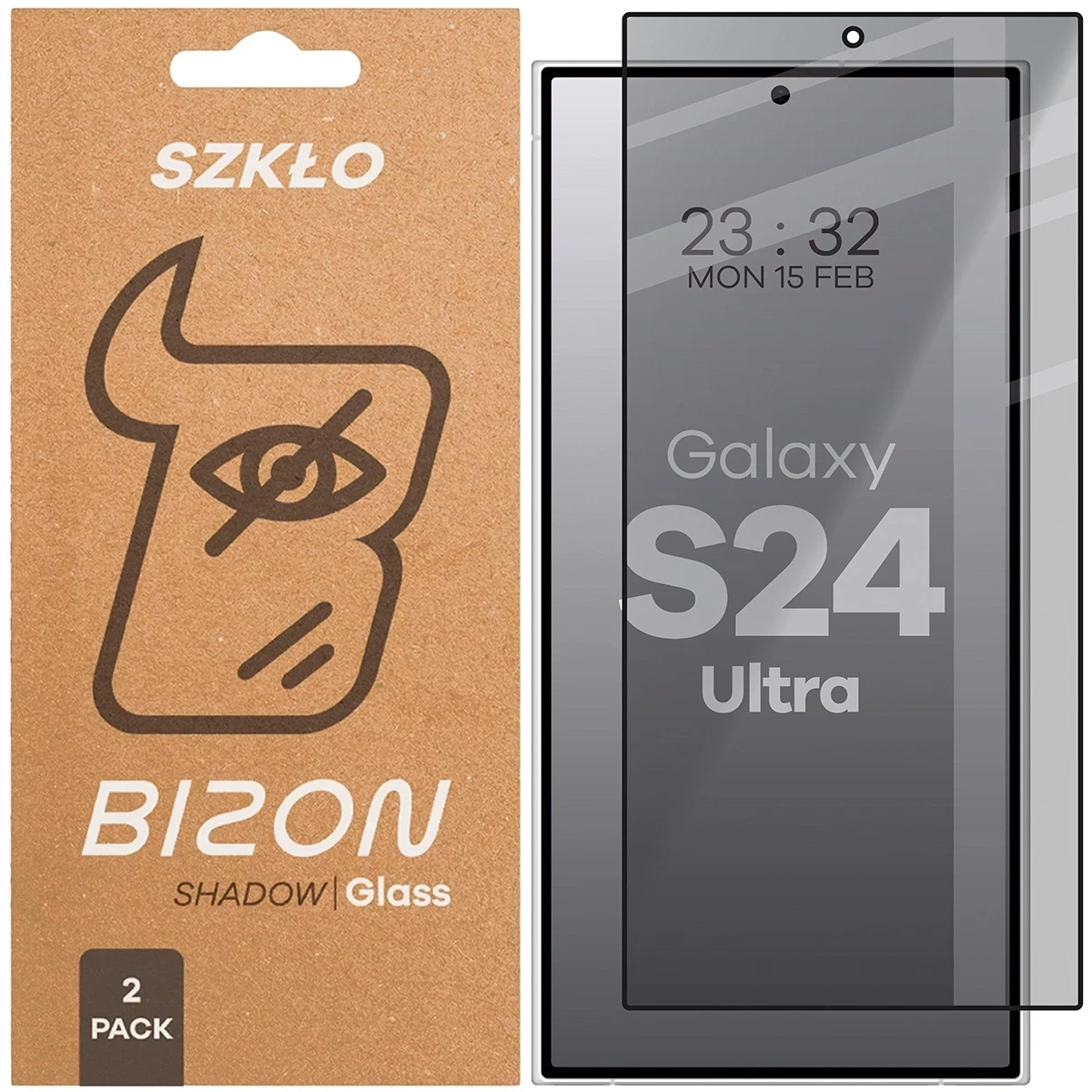 Prywatyzujące szkło hartowane Bizon Glass Edge Shadow Duo do Samsung Galaxy S24 Ultra przyciemniane z czarną ramką [2 PACK]
