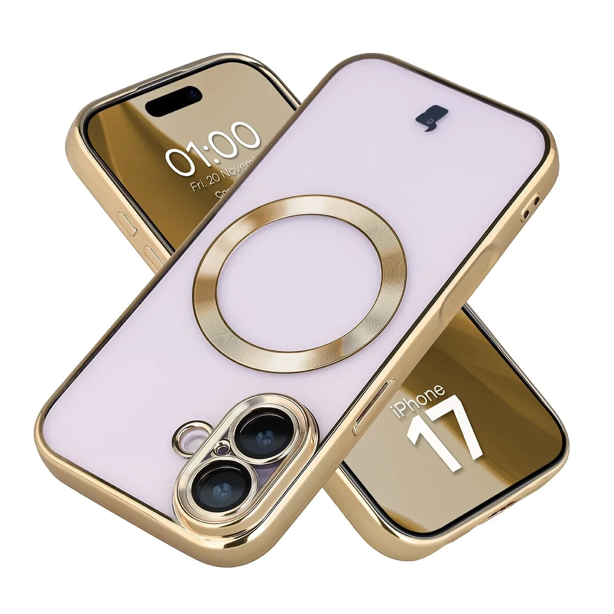 Etui z ochroną aparatu i pierścieniem magnetycznym Bizon Case GuardO do Apple iPhone 17, przezroczysto-złote