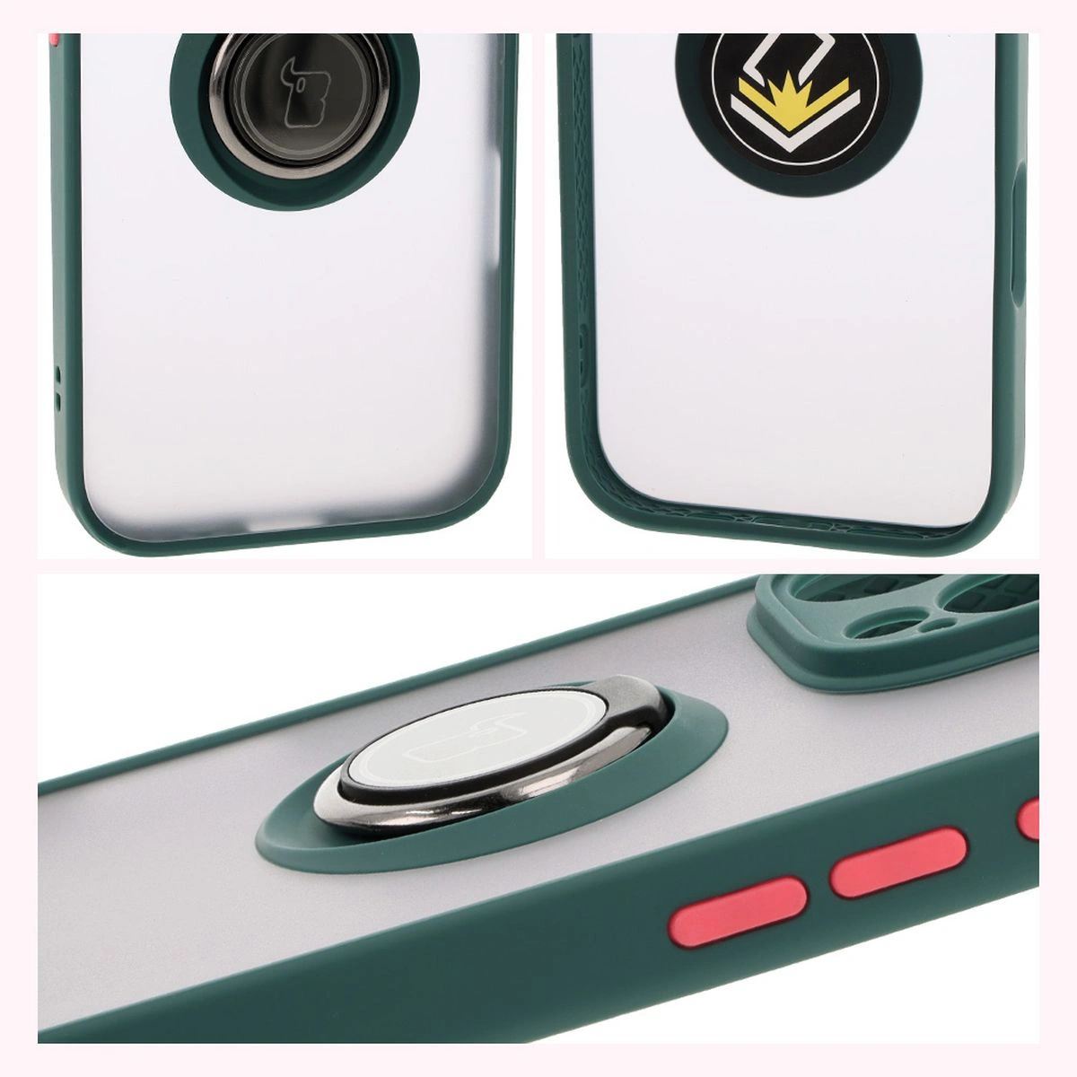 Bizon Case Hybrid Ring Apple iPhone 16 Pro smoky with a dark green frame