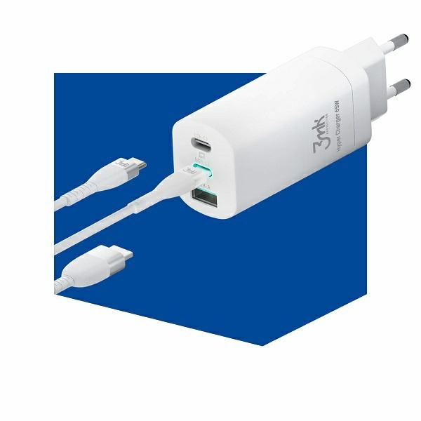 3MK HyperCharger 65W 2xUSB-C + USB-A GaN PD 3.0 QC 4.0 white
